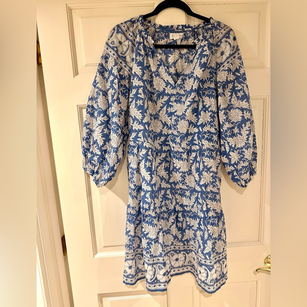 Velvet Blue and White Puffy Sleeve Flower Sundress